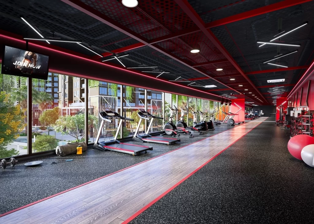 Phòng gym hướng hồ hướng ra hồ bơi và cảnh quan xanh mát, mang đến cảm giác như đang tập luyện giữa thiên nhiên