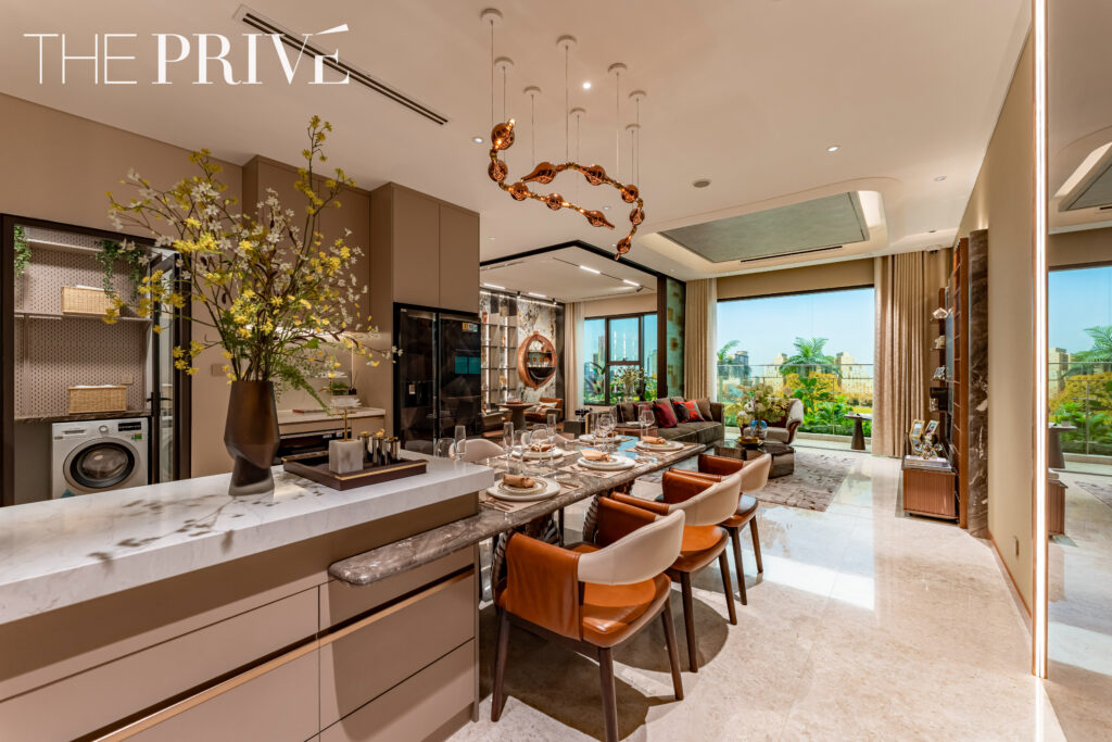Căn hộ mẫu The Privé – thiết kế đương đại kết hợp họa tiết Á Đông, thể hiện phong cách xa xỉ dành cho gia đình thành đạt.