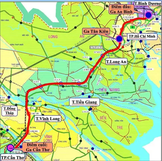 Sơ đồ hướng tuyến dự án đường sắt TPHCM – Cần Thơ
