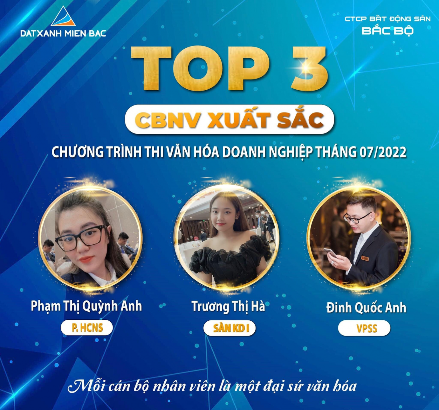 Top 3 gương mặt CBNV Xuất Sắc chương trình thi văn hóa Doanh Nghiệp Tháng 7/2022