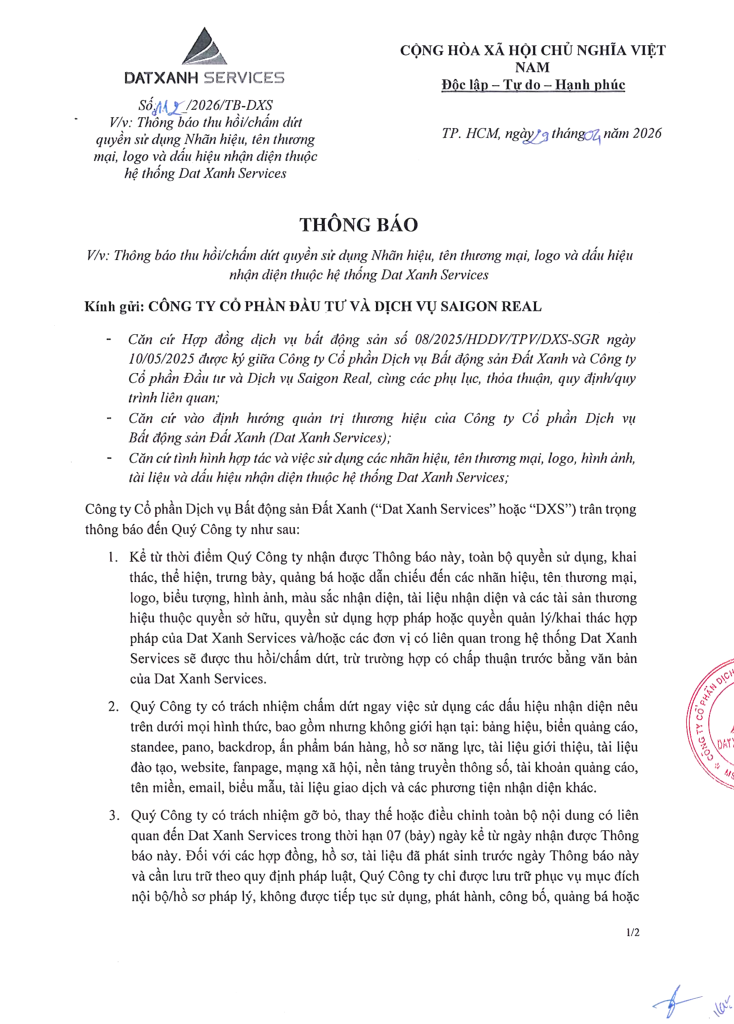 THÔNG BÁO THU HỒI_CHẤM DỨT QUYỀN SỬ DỤNG THƯƠNG HIỆU DAT XANH SERVICES_SGR