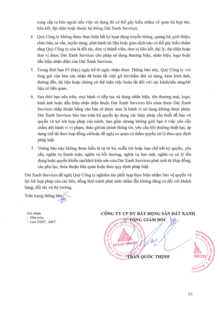 THÔNG BÁO THU HỒI_CHẤM DỨT QUYỀN SỬ DỤNG THƯƠNG HIỆU DAT XANH SERVICES_SGR
